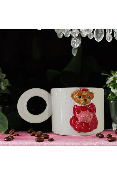 Boni Bon Collection Design 3D Embossed Handmade Eye Color Bridal Teddy Bear Ceramic Mug 200 ml