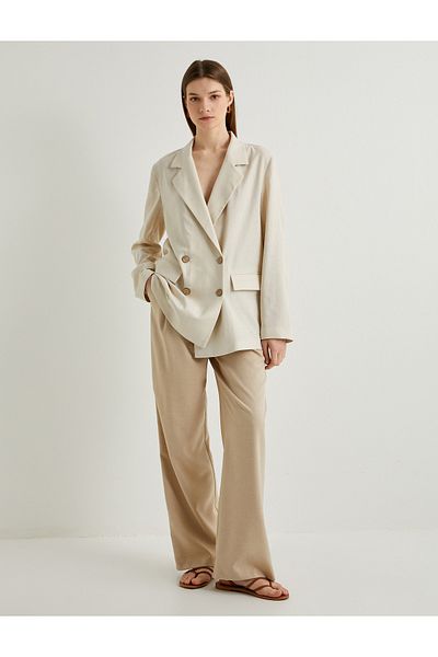 Koton Oversize Linen Blazer - Double Breasted and Buttoned Pocket Detail
