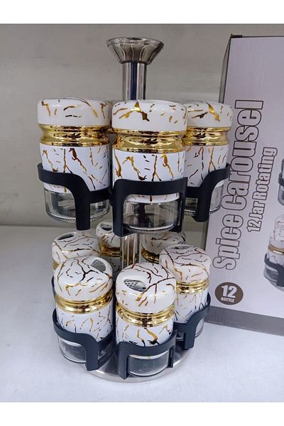 Generic Marble Revolving Spice Set 12 Piece Set with 3 Hole Lid Stand White