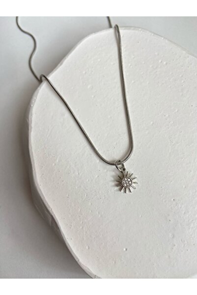 Arsaley Collection Gümüş Taşlı Güneş Charm Yılan Zincir 45 Cm Çelik Kolye