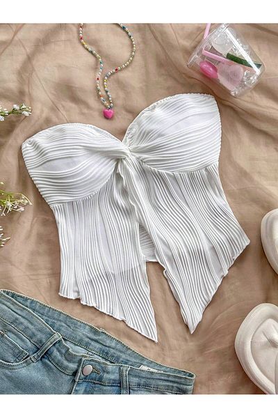 Wild Flower White Front Twist Slit Low-Cut Strapless Mugla Style Crop