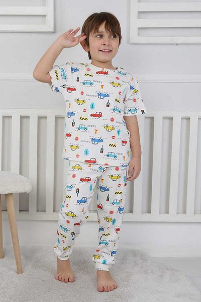depobukids White Traffic Pattern Short-Sleeved Pajama Sets for Men (Ages 3-8)