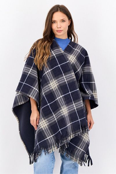 London Fog Women Plaid Ruana Poncho, Navy