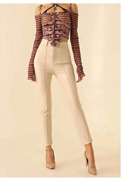 Freya Çimalı Düğmeli Şardonlu Likralı Yumuşak Deri Pantolon