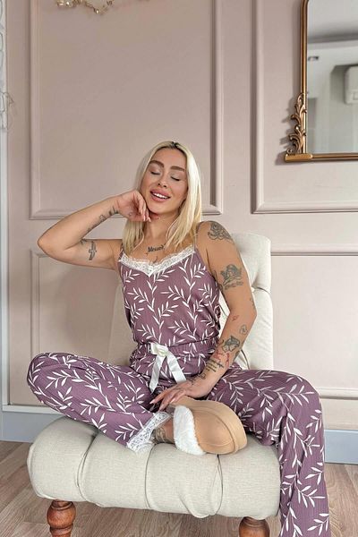 Pijamaevi Set de pijamale tricotate pentru femei, mov, ramură de măslin, cu curea de frânghie