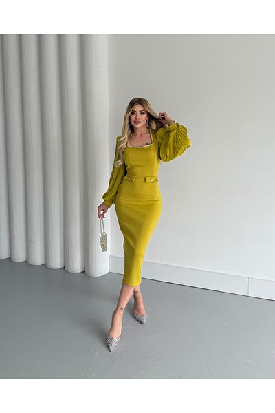 1Moda1Tarz Γυναικείο εισαγόμενο ύφασμα κατάδυσης με πέτο με πέτρα κεντημένα μανίκια Πλισέ μανίκι με κουμπιά με λεπτομέρεια φόρεμα με επένδυση