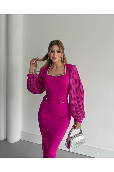 1Moda1Tarz Γυναικείο εισαγόμενο ύφασμα κατάδυσης με πέτο με πέτρα κεντημένα μανίκια Πλισέ μανίκι με κουμπιά με λεπτομέρεια φόρεμα με επένδυση