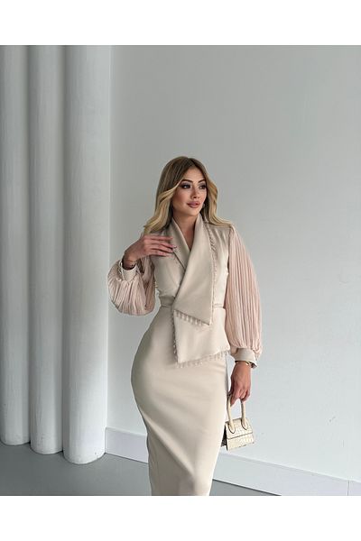 1Moda1Tarz Γυναικείο ειδικό σχέδιο φόρεμα με επένδυση από εισαγόμενο ύφασμα με πλισέ μαργαριτάρι κεντημένο μανίκι με λεπτομέρεια κουμπιού