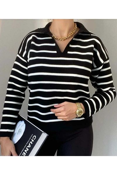 e beyazoglu Pulover de damă cu guler polo în dungi negre
