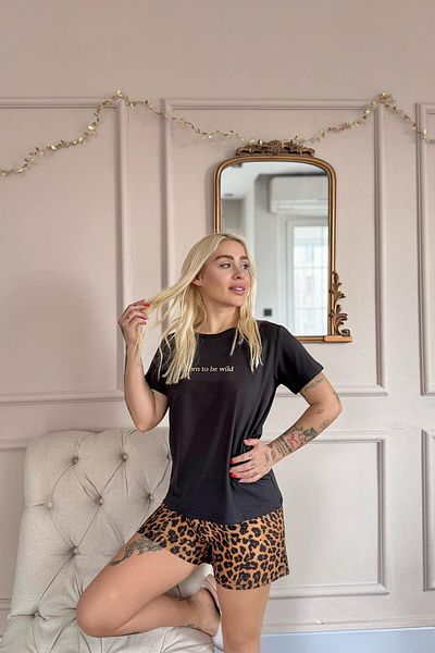 Pijamaevi Μαύρο Born to Be Wild Leopard Print Πλεκτό Γυναικείο Σετ Πιτζάμες με κοντομάνικο σορτς