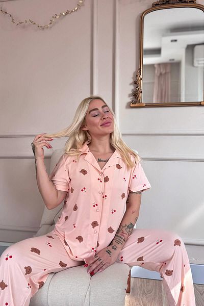Pijamaevi Set de pijamale cu mânecă scurtă, cu nasturi în față, din bambus, cu model de ursuleț de somon