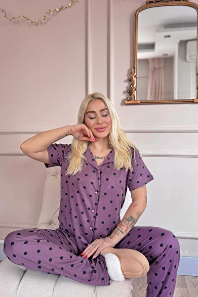Pijamaevi Lilac Royal Dots Patterned Bamboo Front Buttoned Short Sleeve Pajama Set