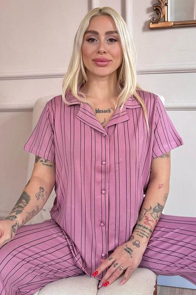 Pijamaevi Powder Striped Patterned Bamboo Front Buttoned Short Sleeve Pajama Set