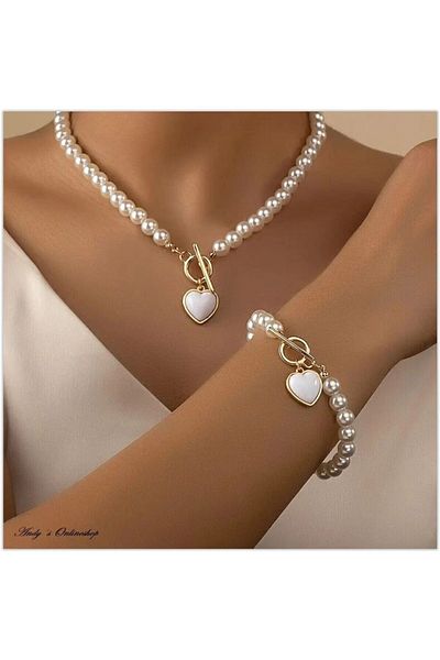 Choice 80816202- طقم مجوهرات مكون من قطعتين من عقد اللؤلؤ الإبداعي النسائي مع سوار لحفلات الزفاف