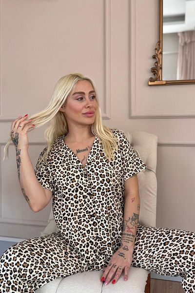 Pijamaevi Coffee Leo Patterned Bamboo Front Buttoned Short Sleeve Pajama Set