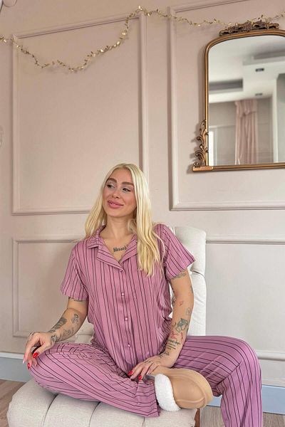 Pijamaevi Powder Striped Patterned Bamboo Front Buttoned Short Sleeve Pajama Set