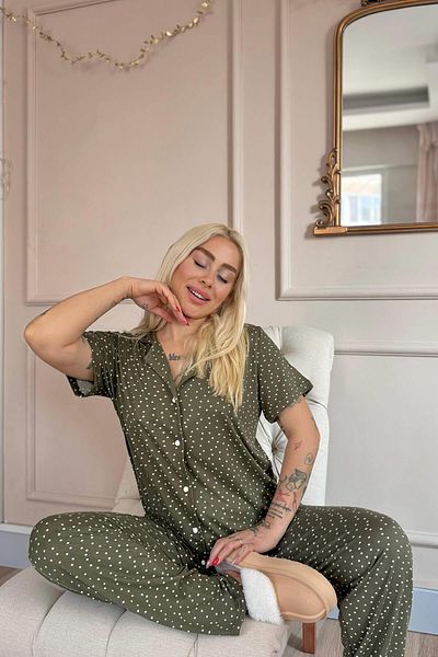 Pijamaevi Set de pijamale cu mânecă scurtă, cu nasturi în față, din bambus, cu model Royal Dots