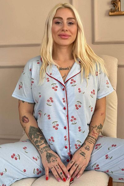 Pijamaevi Set de pijamale pentru femei Ice Blue Sofistic Cherry cu mânecă scurtă cu nasturi în față