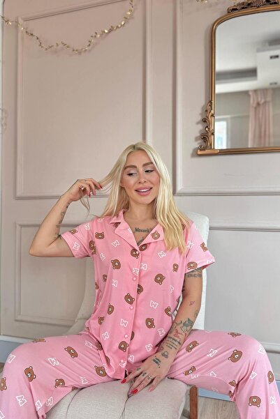 Pijamaevi Dark Pink Bear Charm Patterned Bamboo Front Buttoned Short Sleeve Pajama Set