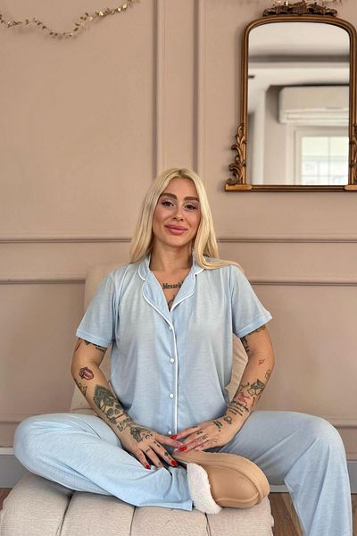 Pijamaevi Blue Sofistic Front Buttoned Short Sleeve Women's Pajama Set