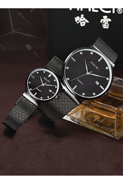 ETG HALEI 8024ML Quartz Belt Calendar Mesh Belt Simple Couple Pair Watch Stainless Steel Strap