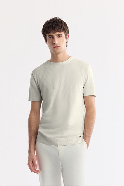 Avva Men's Ecru Crew Neck Geometric Pattern Detailed Knitwear T-Shirt A51Y5163
