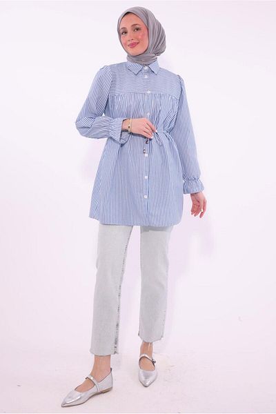 TRENDTESETTÜR ΓΥΝΑΙΚΕΙΟ ΜΠΛΕ ΡΙΓΕ ΠΟΥΚΑΜΙΣΟ TUNIC T 1084