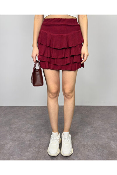 deqfashion Kadın Bordo Kat Kat Fırfırlı Bürümcük Kumaş Mini Etek