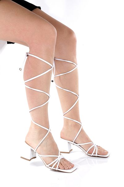EPTC Women's White Ankle Strap Drawstring Thick Heeled Sandals Slippers