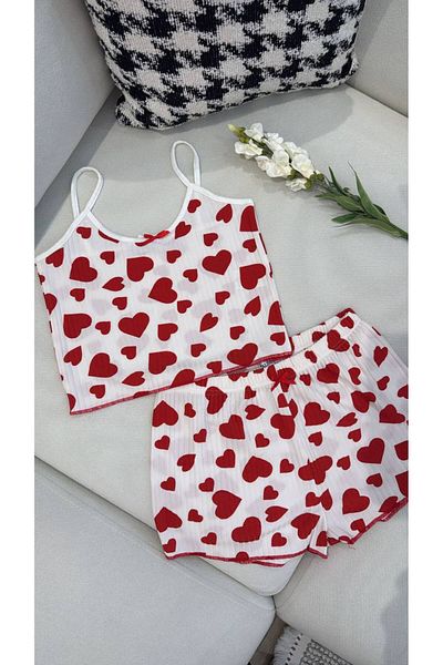 Tradinyom Heart Pattern Tank Top and Shorts Pajama Sets White Set