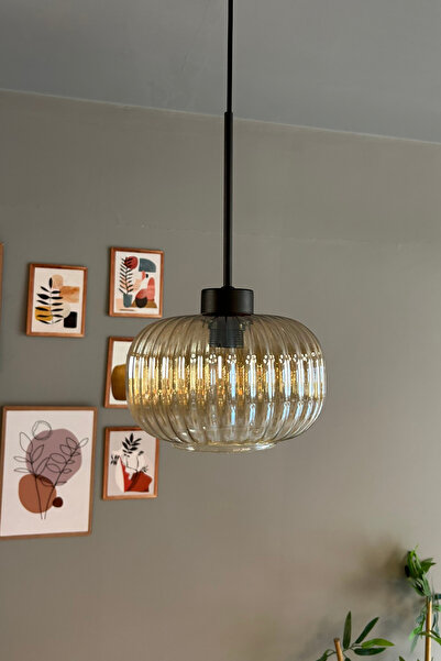 Bamyum Mola Cam Bal Rengi Tekli Avize Ince Siyah Başlık Retro Sarkıt Lamba Restoran Salon Aydınlatma