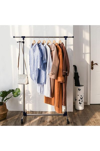 Mahmayi SONGMICS Adjustable Garment Coat Rack with Casters Hanging Rail Clothes Stand-Silver and Blue