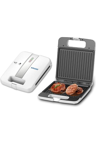 sonashi SGT-842 4-Slice Grill Maker, White, Non-Stick Plate, Light Indicator, Handle Locking System
