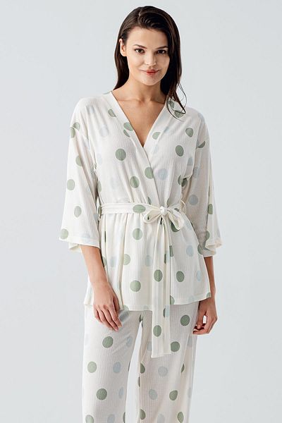 Artış Three Quarter Sleeve Polka Dot Kimono Stretchy Viscous Pajama Suit