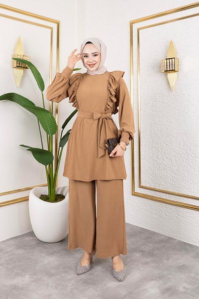 Moda Ebva Λεπτομερής μανίκι Hijab Suit-3131 Latte