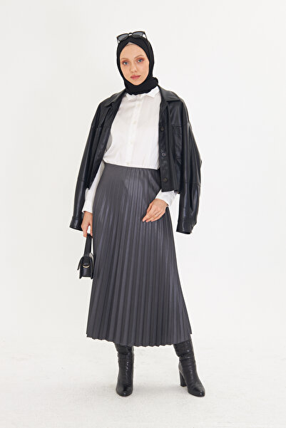 RTBUTİK Smoked Leather Look Pleated Hijab Skirt, Hijab Skirt, Women's Gift Skirt, Stylish Skirt, Long Skirt