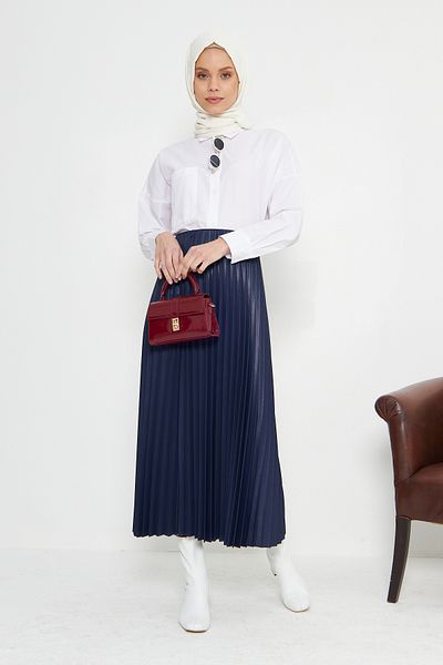 RTBUTİK Navy Blue Leather Look Πλισέ Μουσουλμανική Φούστα, Μουσουλμανική Φούστα, Γυναικεία Φούστα Δώρου, Κομψή Φούστα, Μακριά Φούστα