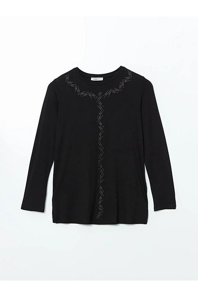 LC Waikiki Lcw Grace Black Crew Neck Rhinestone Women's Blouse