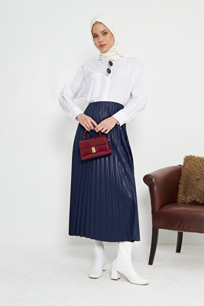 RTBUTİK Fusta hijab plisată cu aspect de piele bleumarin, fustă hijab, fustă cadou pentru femei, fustă șic, fustă lungă