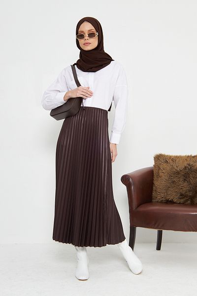 RTBUTİK Σοκολατένια δερμάτινη φούστα με πλισέ Hijab, Hijab φούστα, Γυναικεία φούστα δώρου, Κομψή φούστα, μακριά φούστα