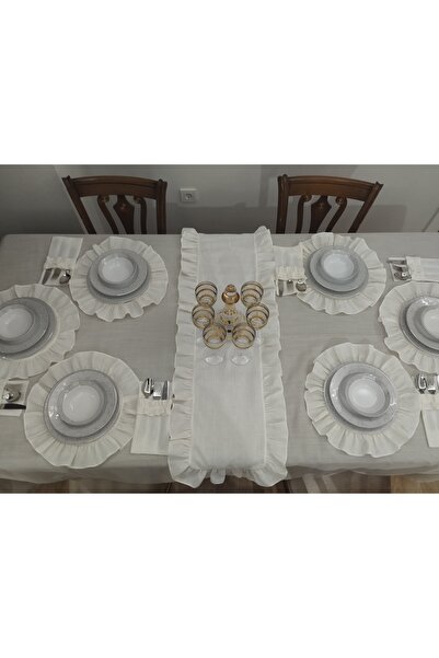 AHSERHOME SİMLİ LİNEN KETEN KREM 6 KİŞİLİK 13 PARÇA AMERİKAN SERVİS