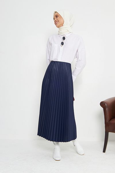 RTBUTİK Navy Blue Leather Look Πλισέ Μουσουλμανική Φούστα, Μουσουλμανική Φούστα, Γυναικεία Φούστα Δώρου, Κομψή Φούστα, Μακριά Φούστα