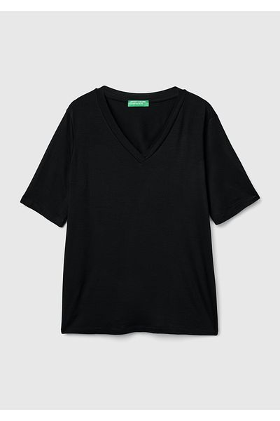 United Colors of Benetton Γυναικείο μαύρο μπλουζάκι Eco-Viscose Regular Fit με λαιμόκοψη