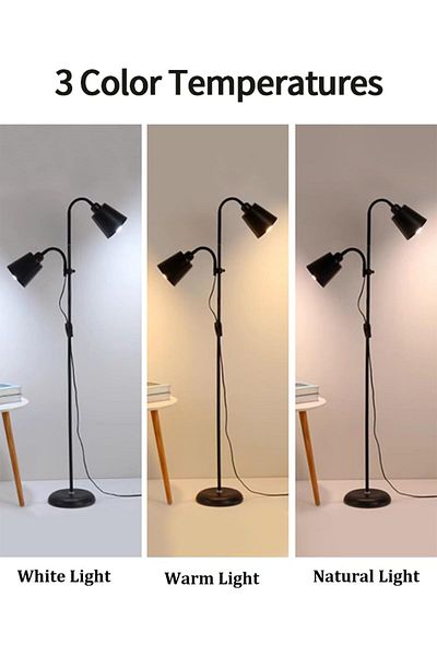 COOYA Floor Lamp, with 2 Adjustable Heads, for Living Room/Bedroom/Study Room/Office (Black)