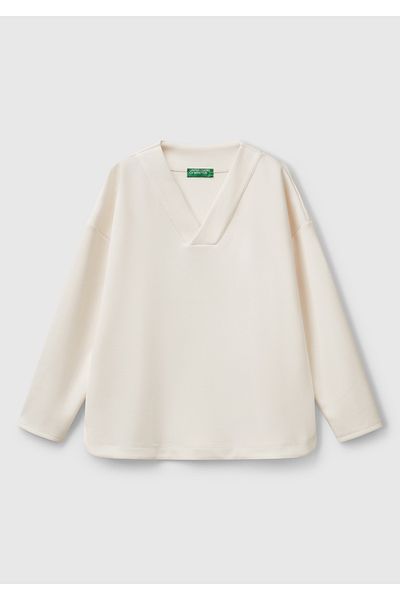 United Colors of Benetton Hanorac cu mânecă lungă, cu decolteu în V, în amestec modal, crem