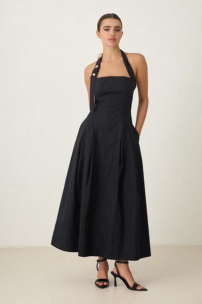 Setre Black Neck and Collar Detailed Waist Fitted Dress