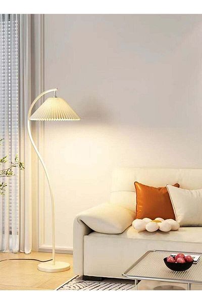 COOYA مصباح أرضي LED قابل للتعتيم بثلاثة ألوان بقوة 12 وات، مع غطاء مصباح من القماش المطوي، أبيض، 28x50x152 سم