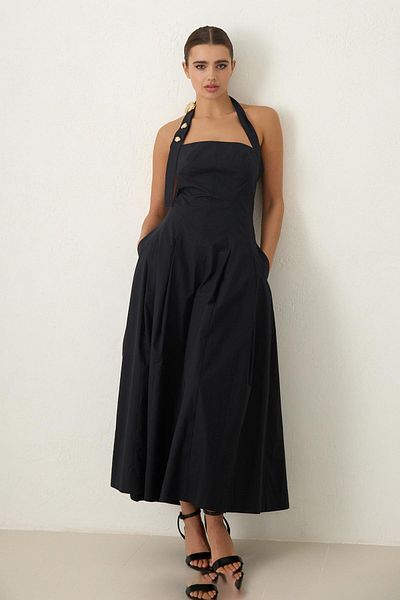Setre Black Neck and Collar Detailed Waist Fitted Dress