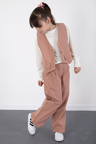 Cansın Mini Brown Stripe Patterned Vest, Wide Leg Trousers, Girl's Badge 3 Piece Set 20492