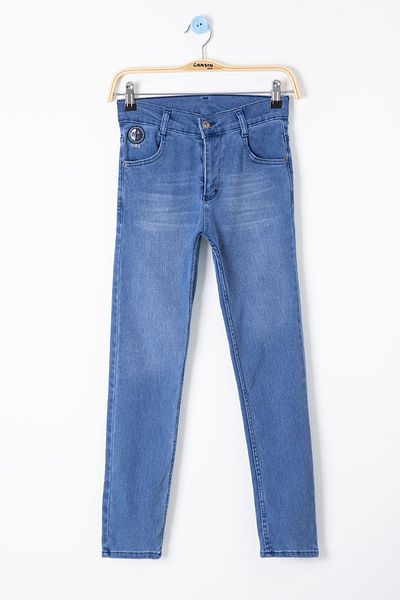 Cansın Mini Pantaloni de jeans pentru băiat, albastru, cu buzunar îngust, cu logo-ul detaliat 20418